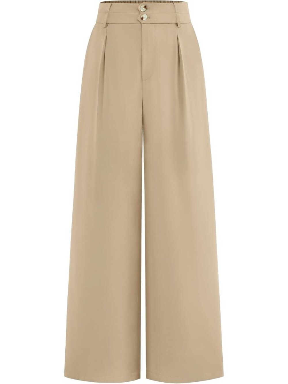 Women's Light Khaki High Waisted Button Pleated Business Casual Wide Leg Pants